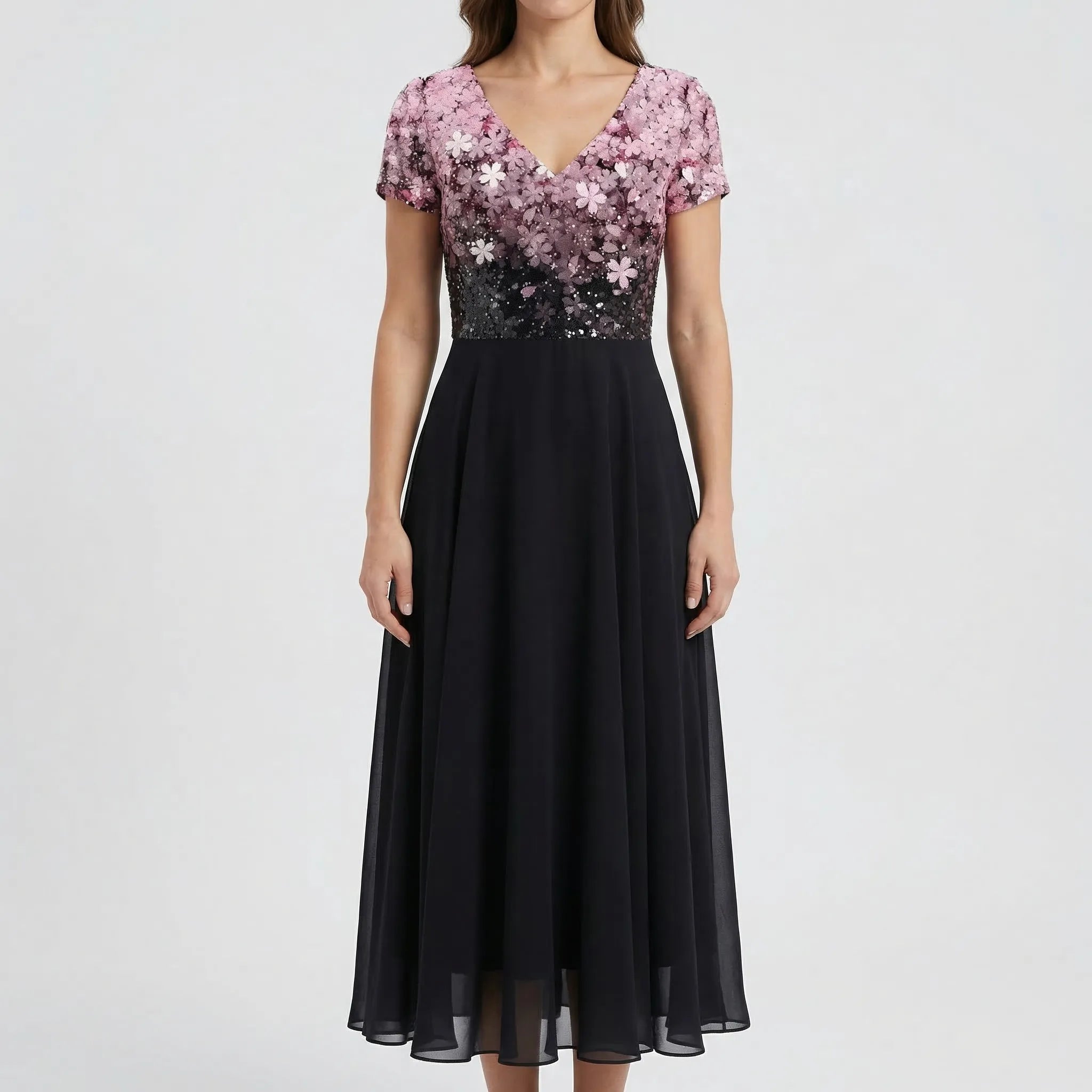 Floral print bodice midi dress, full length A-line silhouette