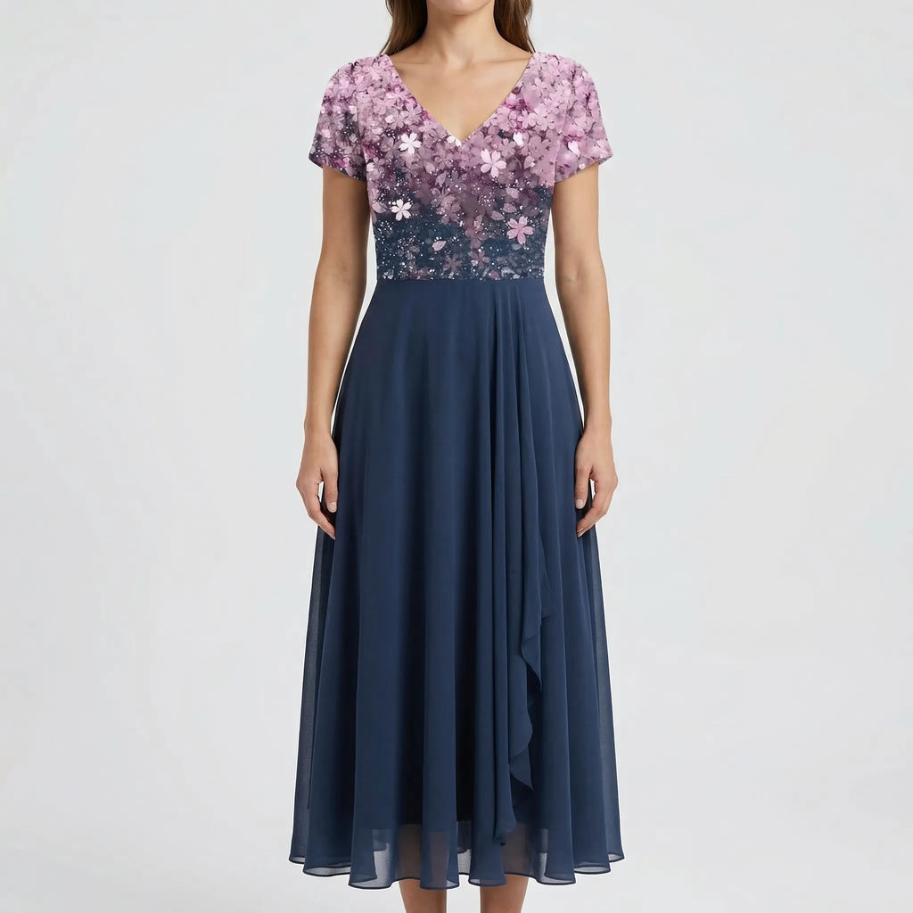 Floral print bodice midi dress in second colourway, side view