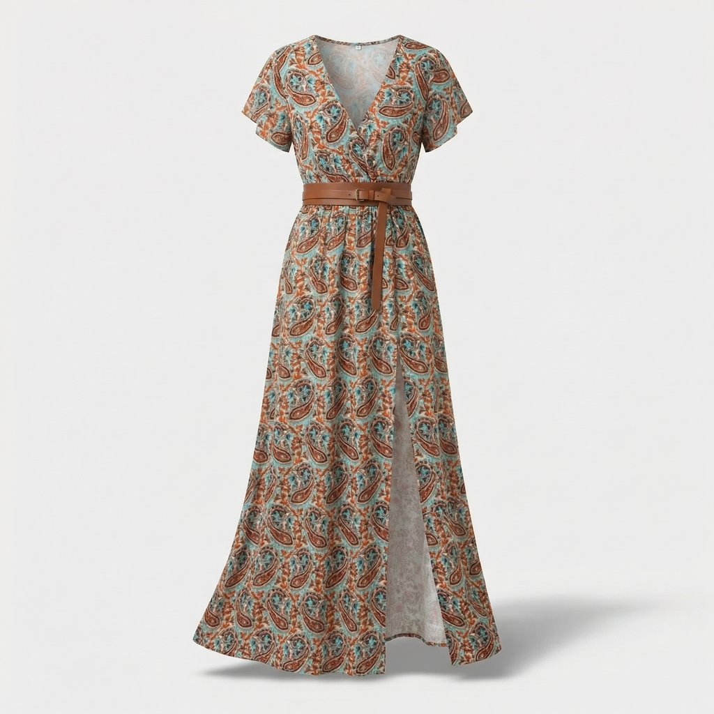 Women's flowing paisley dress movement shot