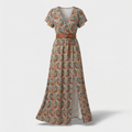 Women's flowing paisley dress movement shot