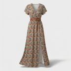 Women's flowing paisley dress movement shot