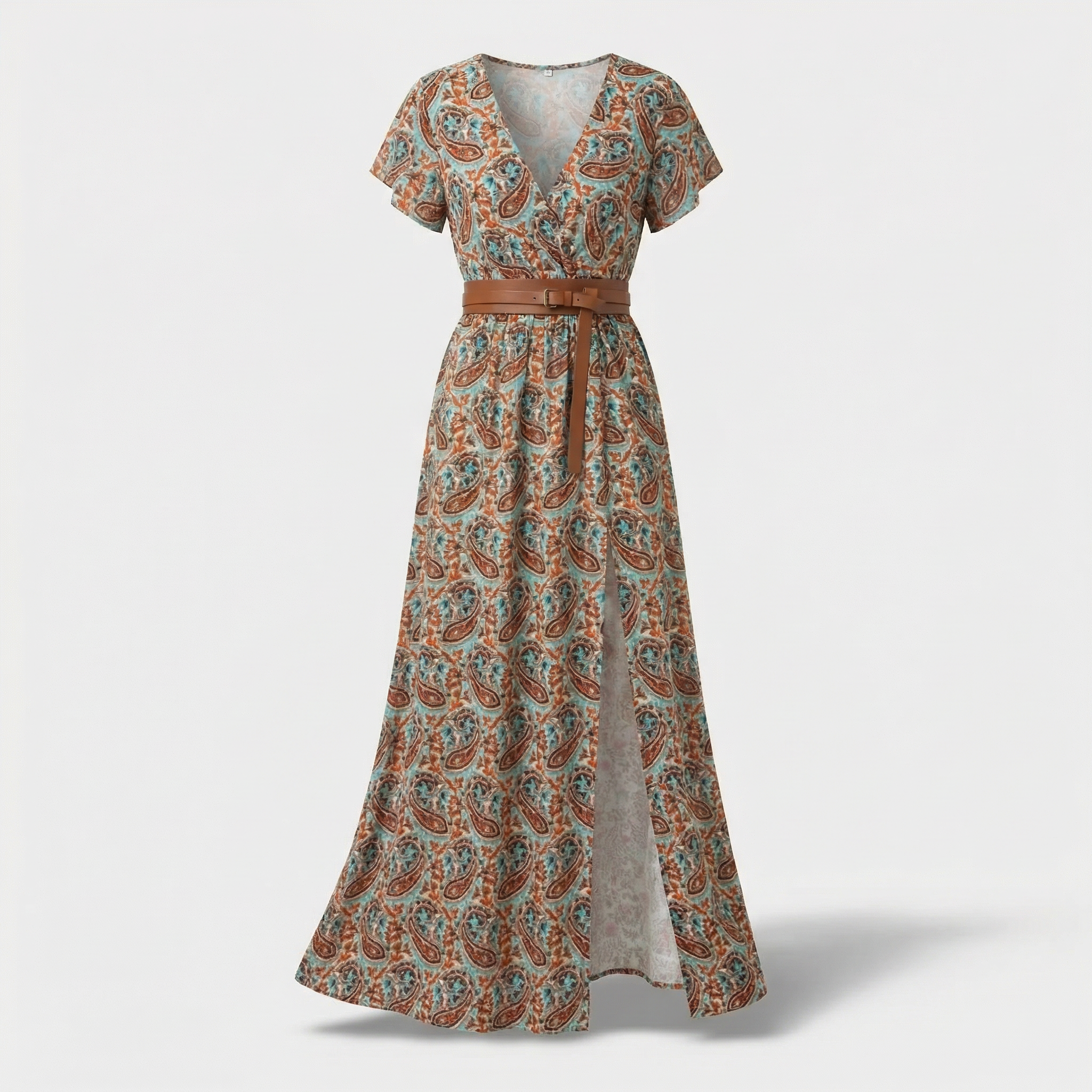 Women's flowing paisley dress movement shot