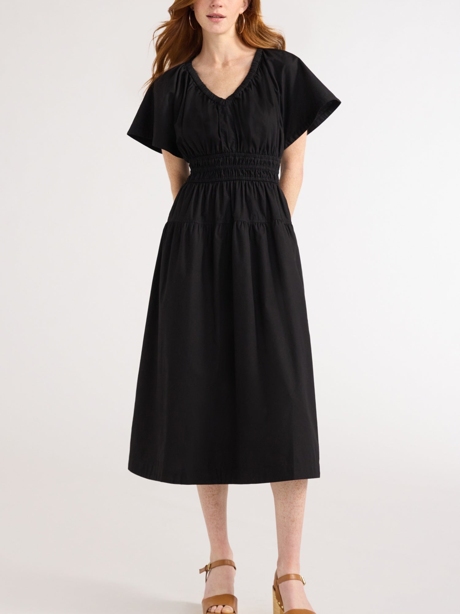 Cotton denim midi dress with V-neckline and tiered hem detail