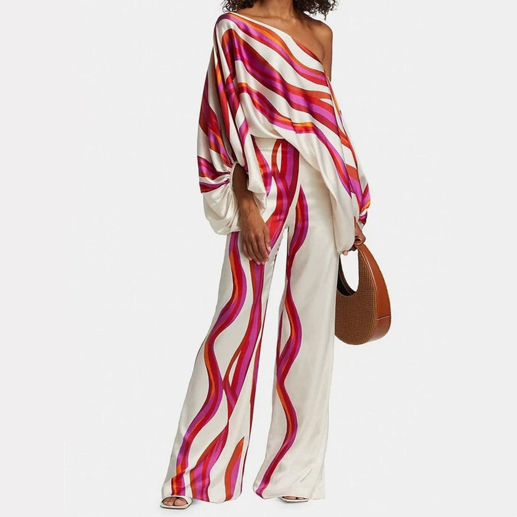 Women's lantern sleeve off shoulder co-ord set in fuchsia, front view