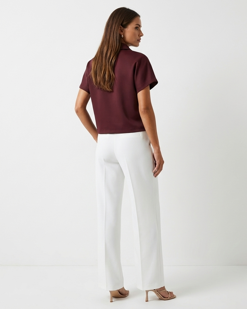 Cropped Zip Front Top with Collar and Short Sleeves