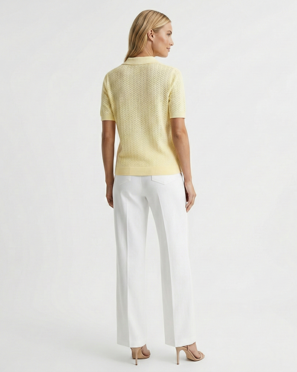 Women's polo collar knit top in yellow – short sleeve back view