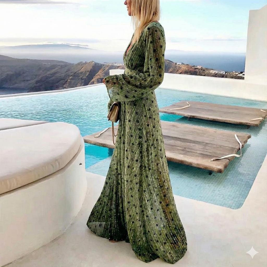 Women's boho summer maxi dress with subtle shimmer and V-neckline, side view