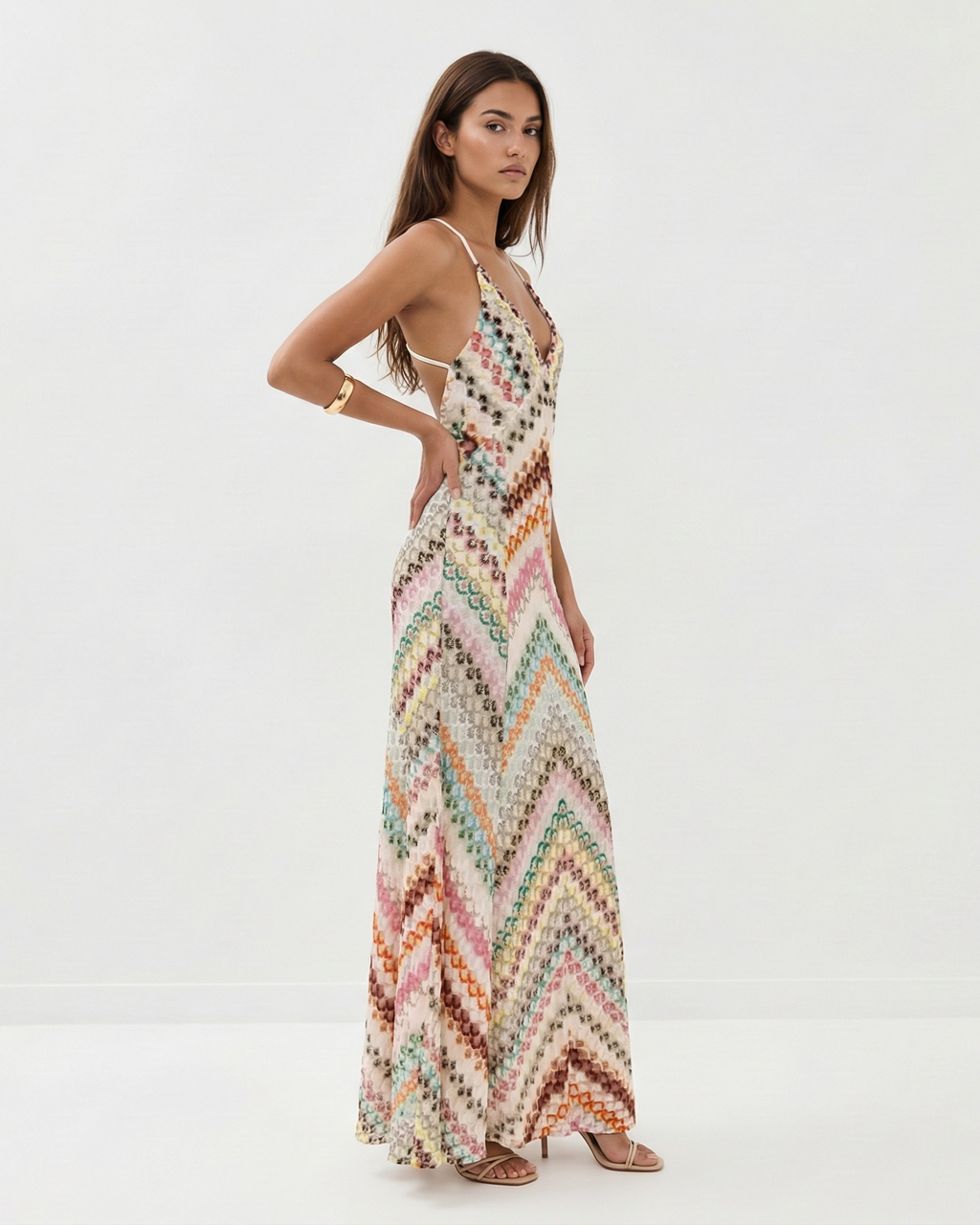Backless spaghetti strap knit maxi dress – orange striped side view