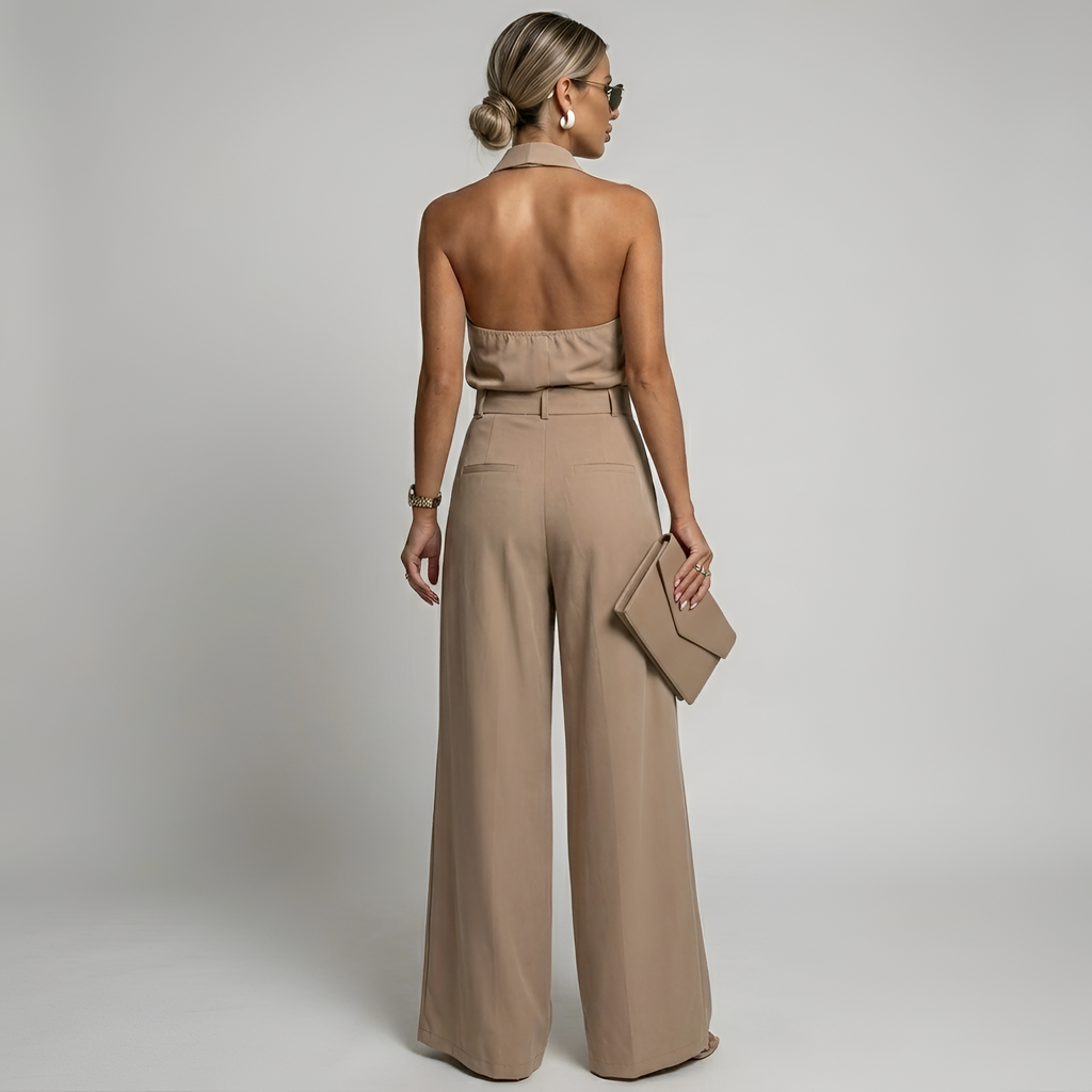 Halter neck high waist wide leg jumpsuit, back view