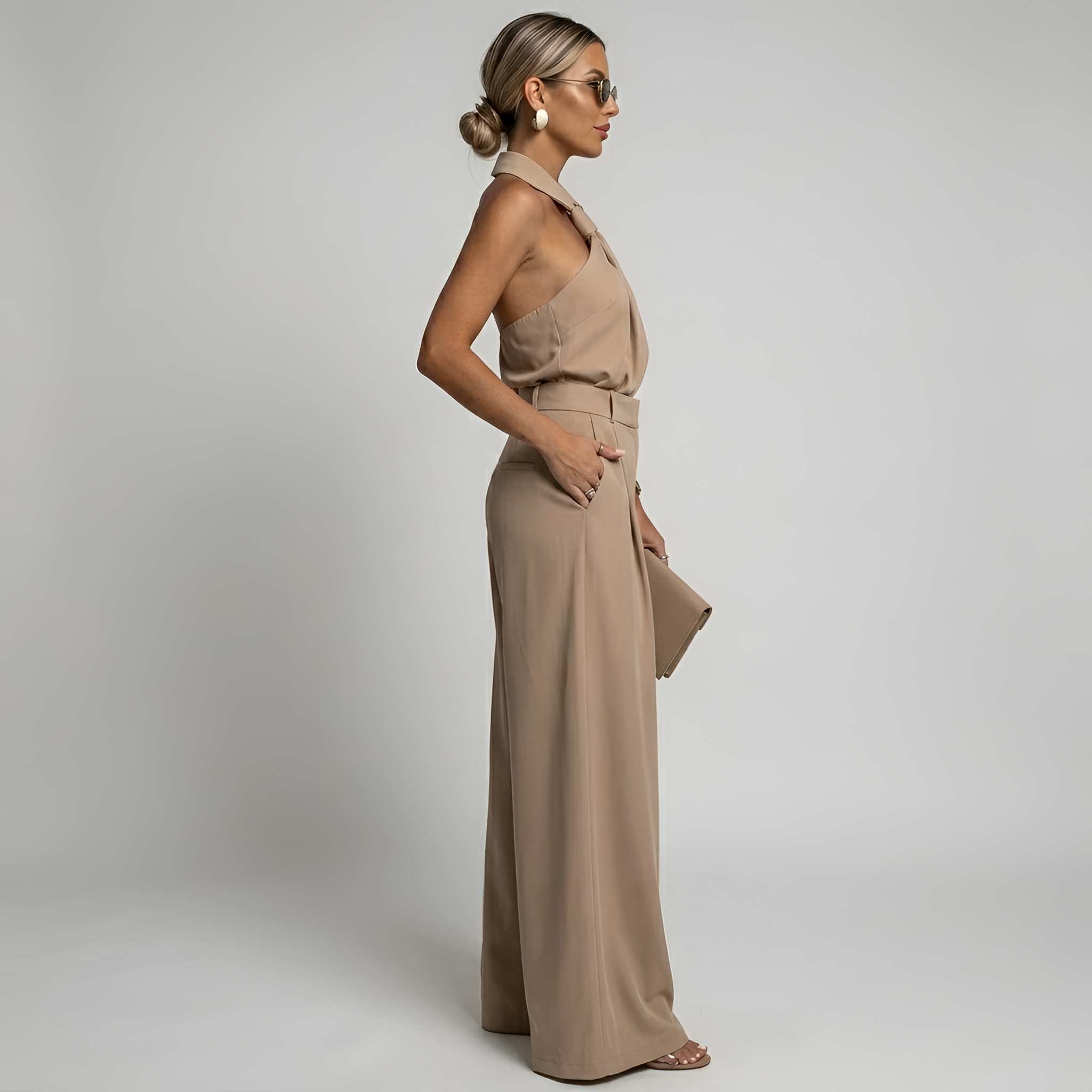 Halter neck high waist wide leg jumpsuit, side view