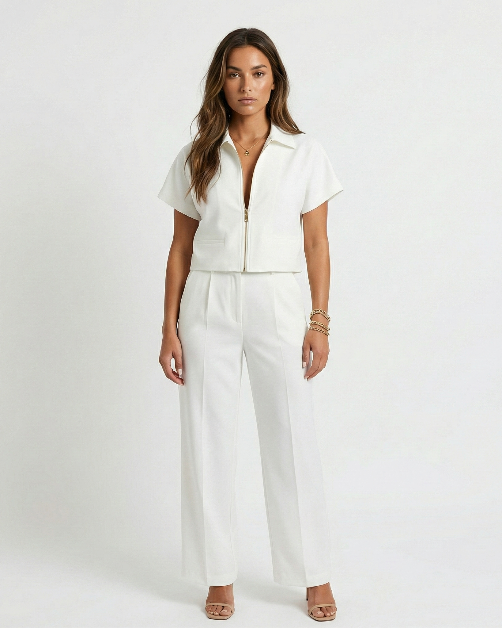 Cropped Zip Front Top with Collar and Short Sleeves