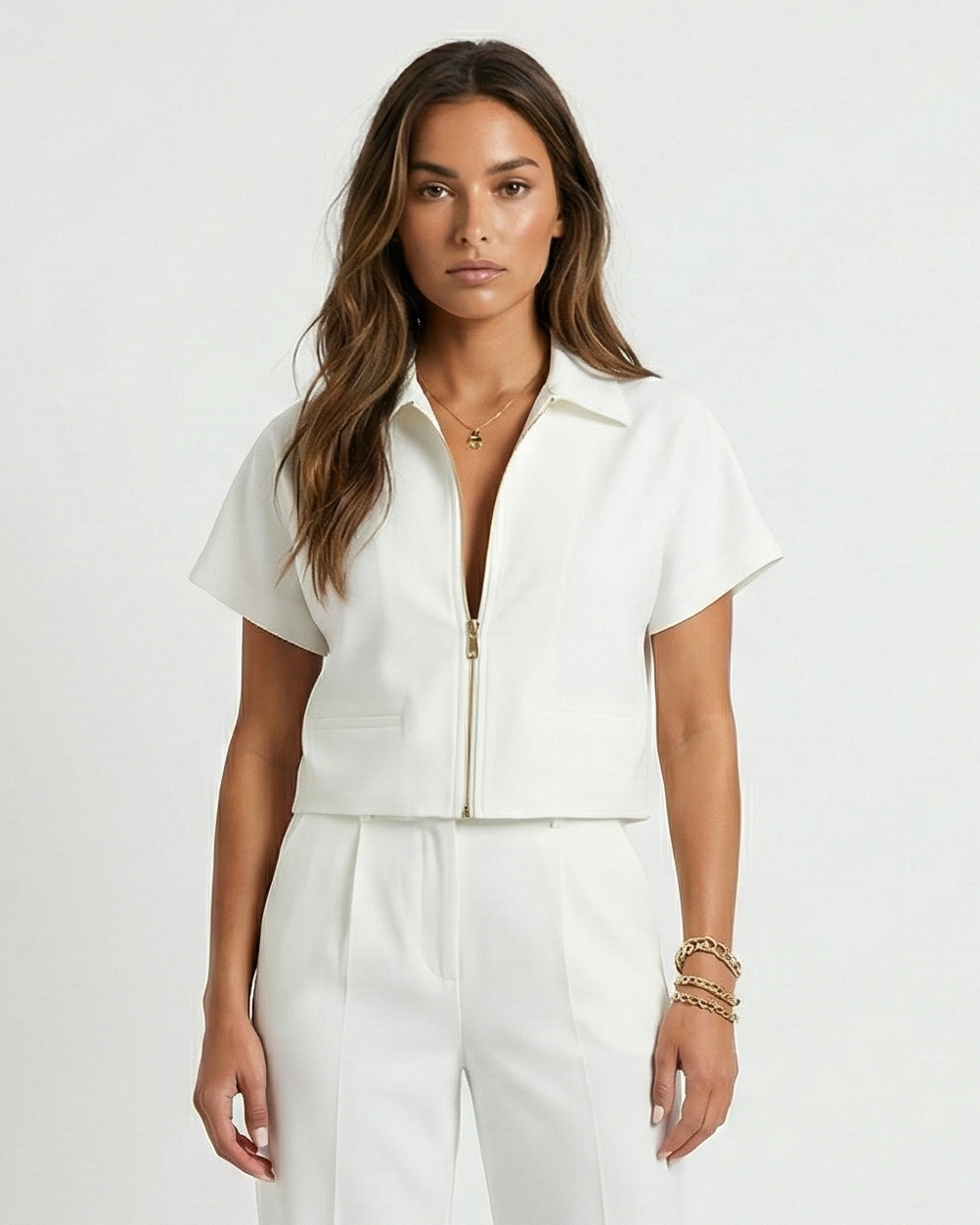 Cropped Zip Front Top with Collar and Short Sleeves
