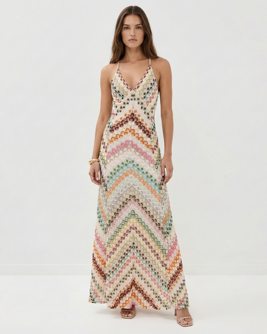 Women's backless striped knit maxi dress in orange – V-neck front view
