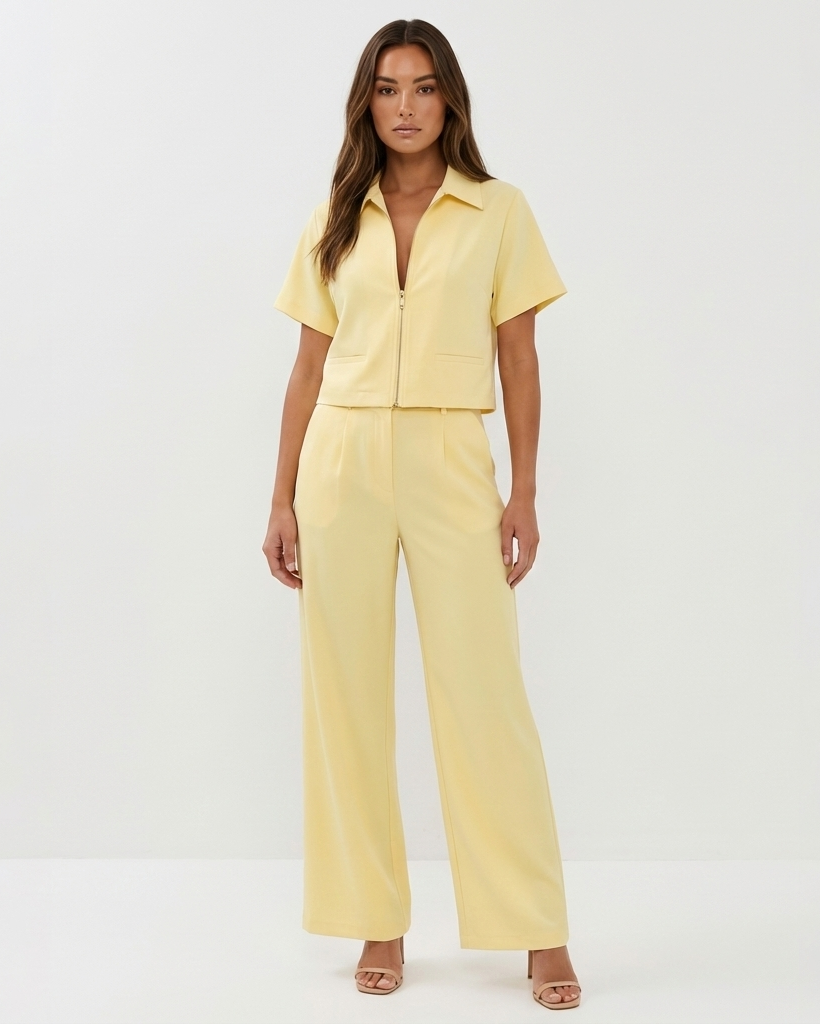 Cropped Zip Front Top with Collar and Short Sleeves