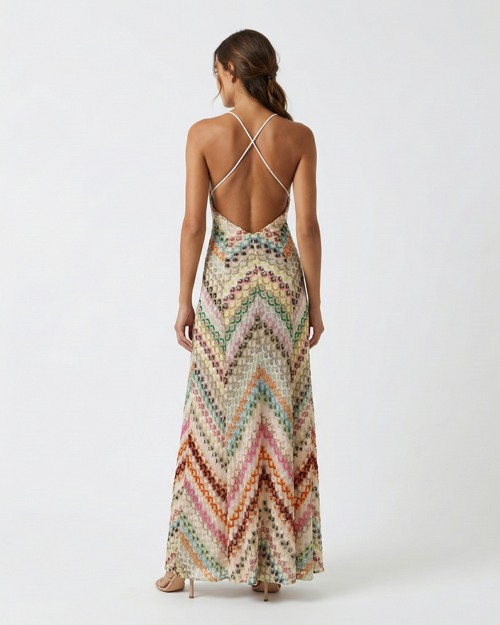 Women's backless knit maxi dress in orange – open back detail view