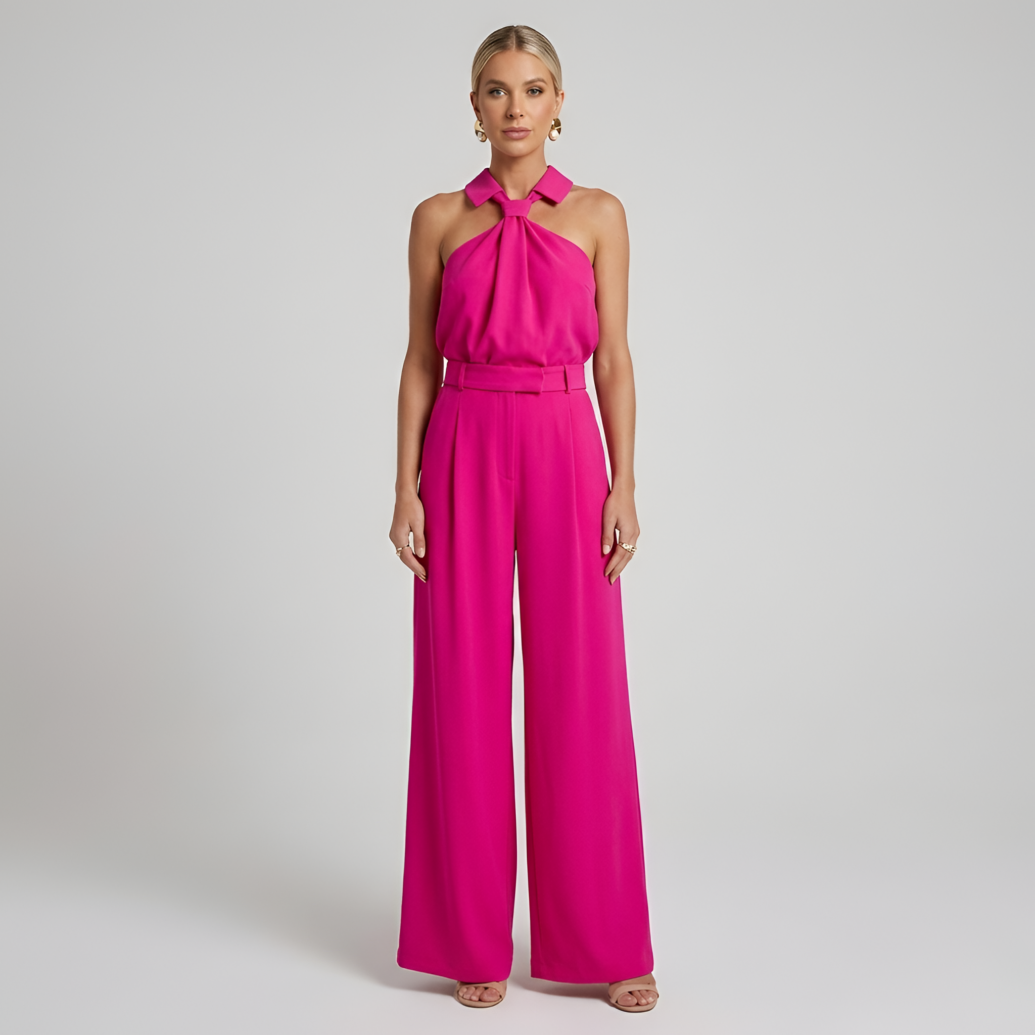 Halter neck high waist wide leg jumpsuit, detail view