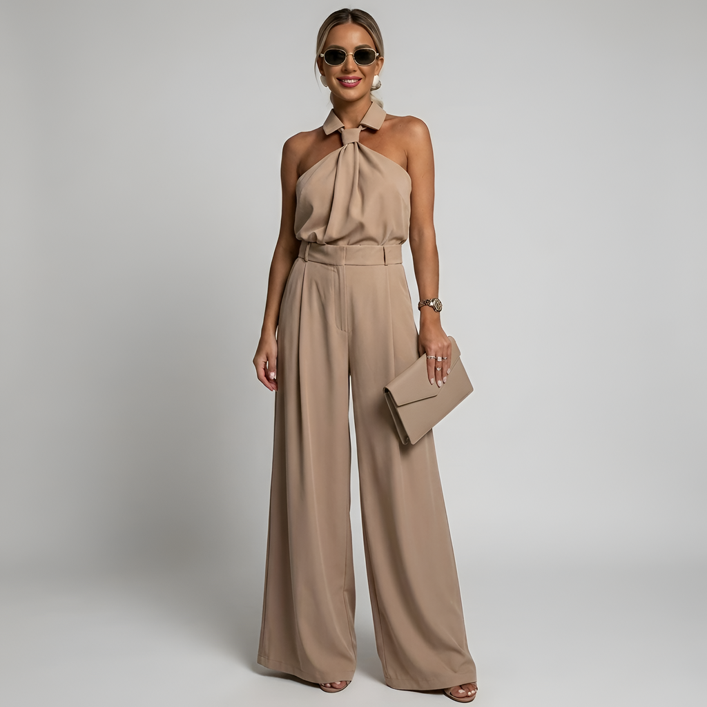 Halter neck high waist wide leg jumpsuit, full length view