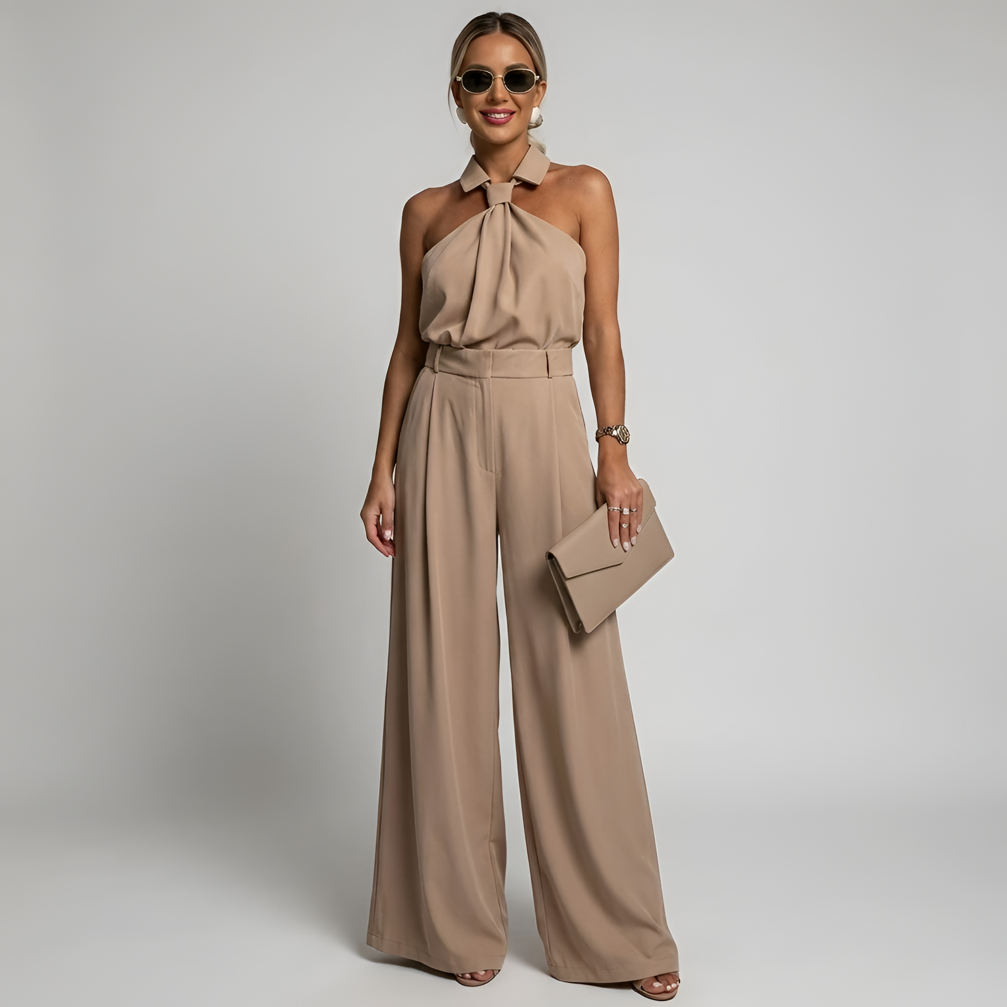 Halter neck high waist wide leg jumpsuit, full length view