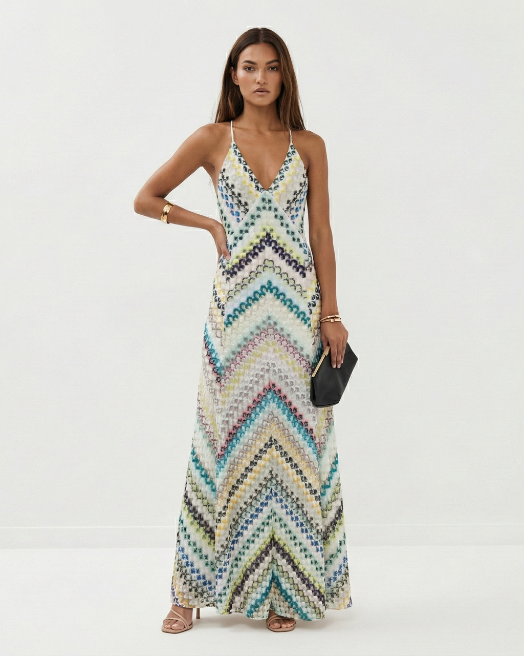 Women's backless striped knit maxi dress in blue – V-neck front view