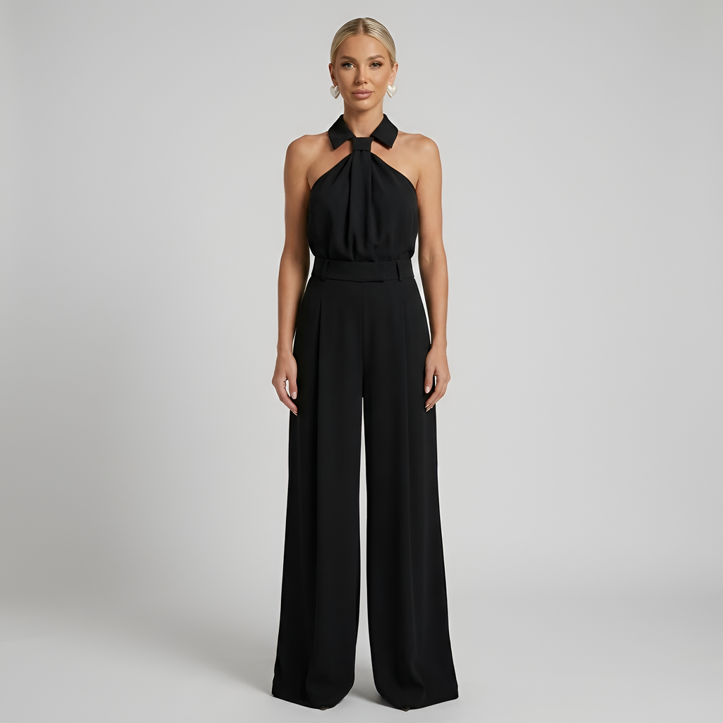 Halter neck high waist wide leg jumpsuit, rear view