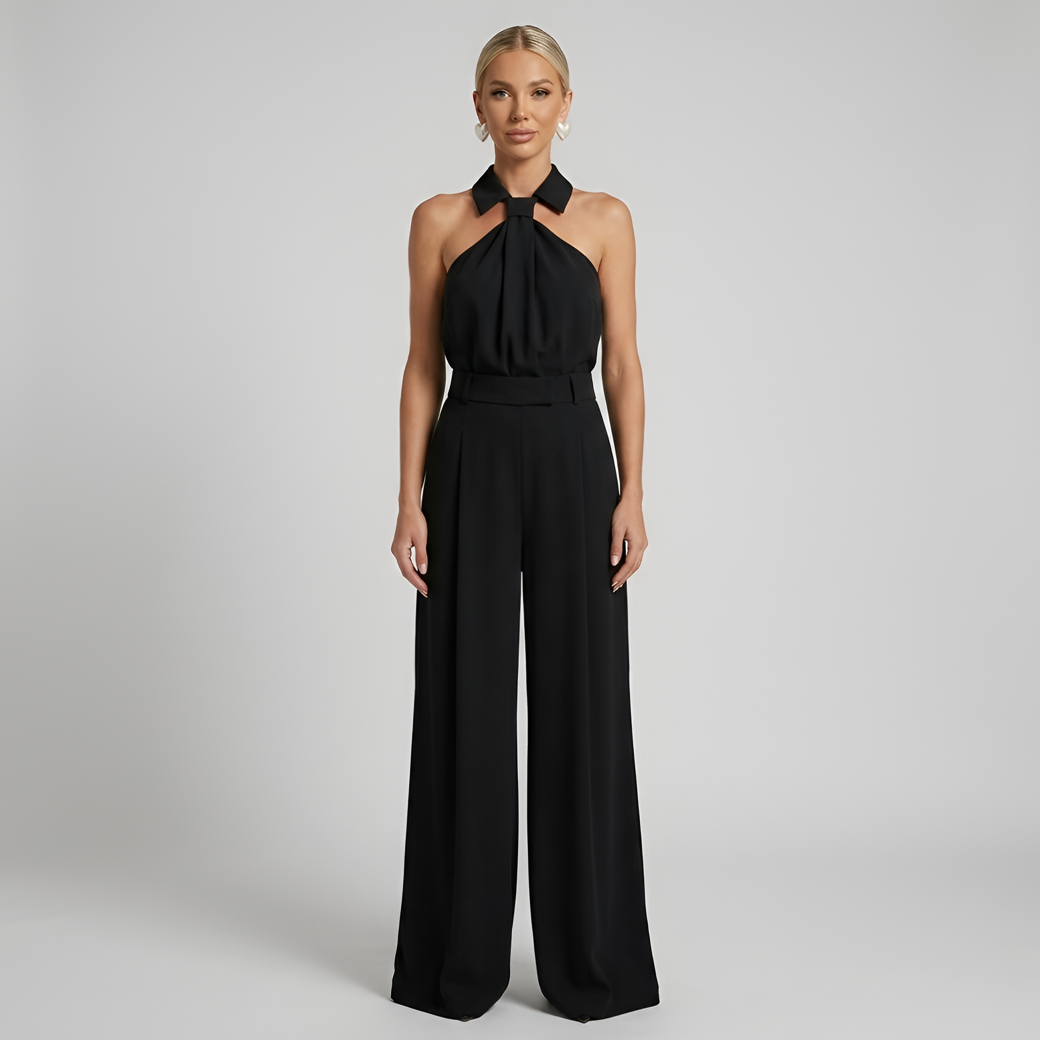 Halter neck high waist wide leg jumpsuit, rear view