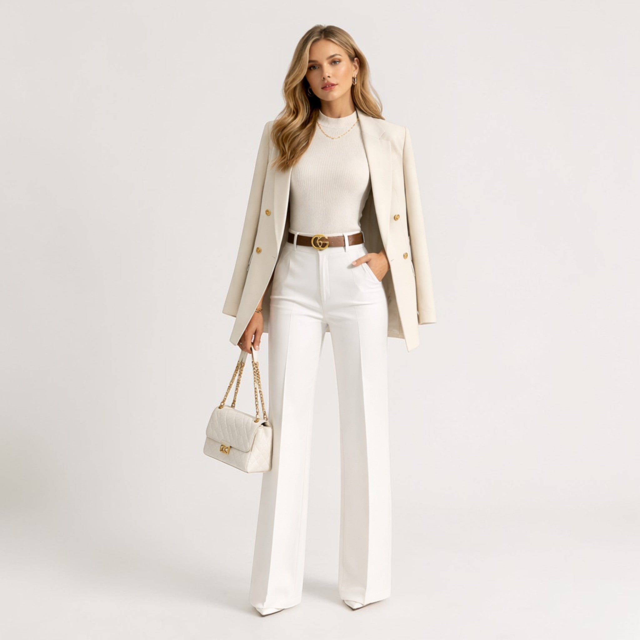 White high-waist wide-leg trousers, front view