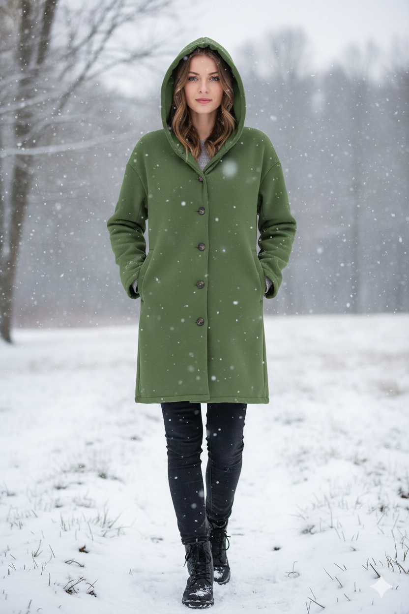 Elegant longline winter coat with hood and notch lapel