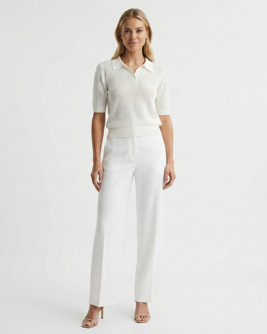 Women's polo collar knit top in white – short sleeve relaxed fit front view