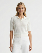 Women's polo collar knit top in white – short sleeve relaxed fit front view