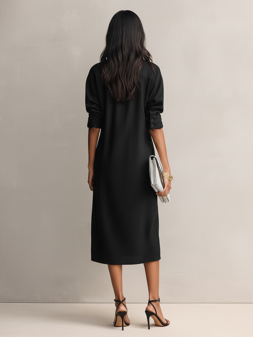Black shirt collar short sleeve midi dress