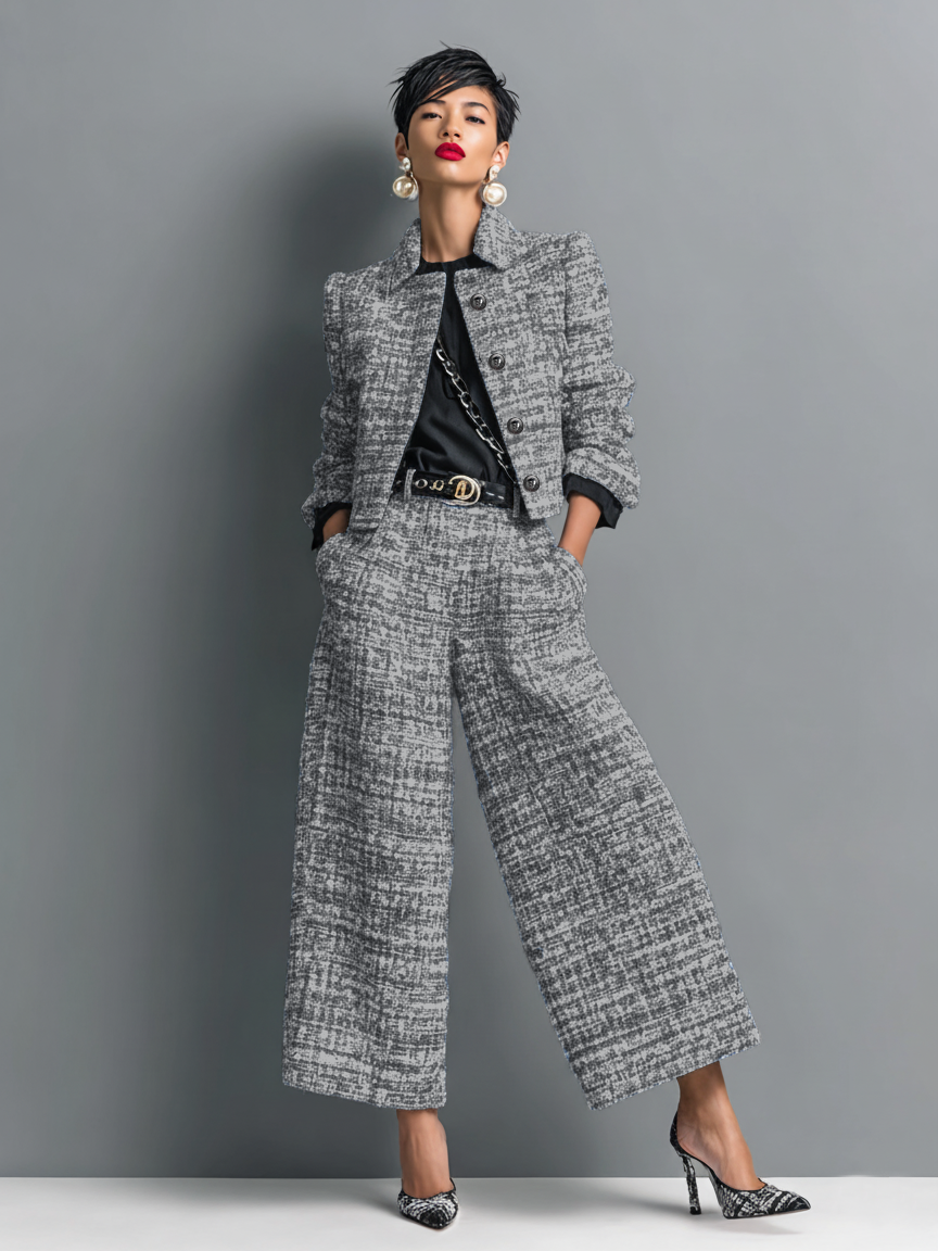 Black chic tailored textured Co-Ord Set, front view