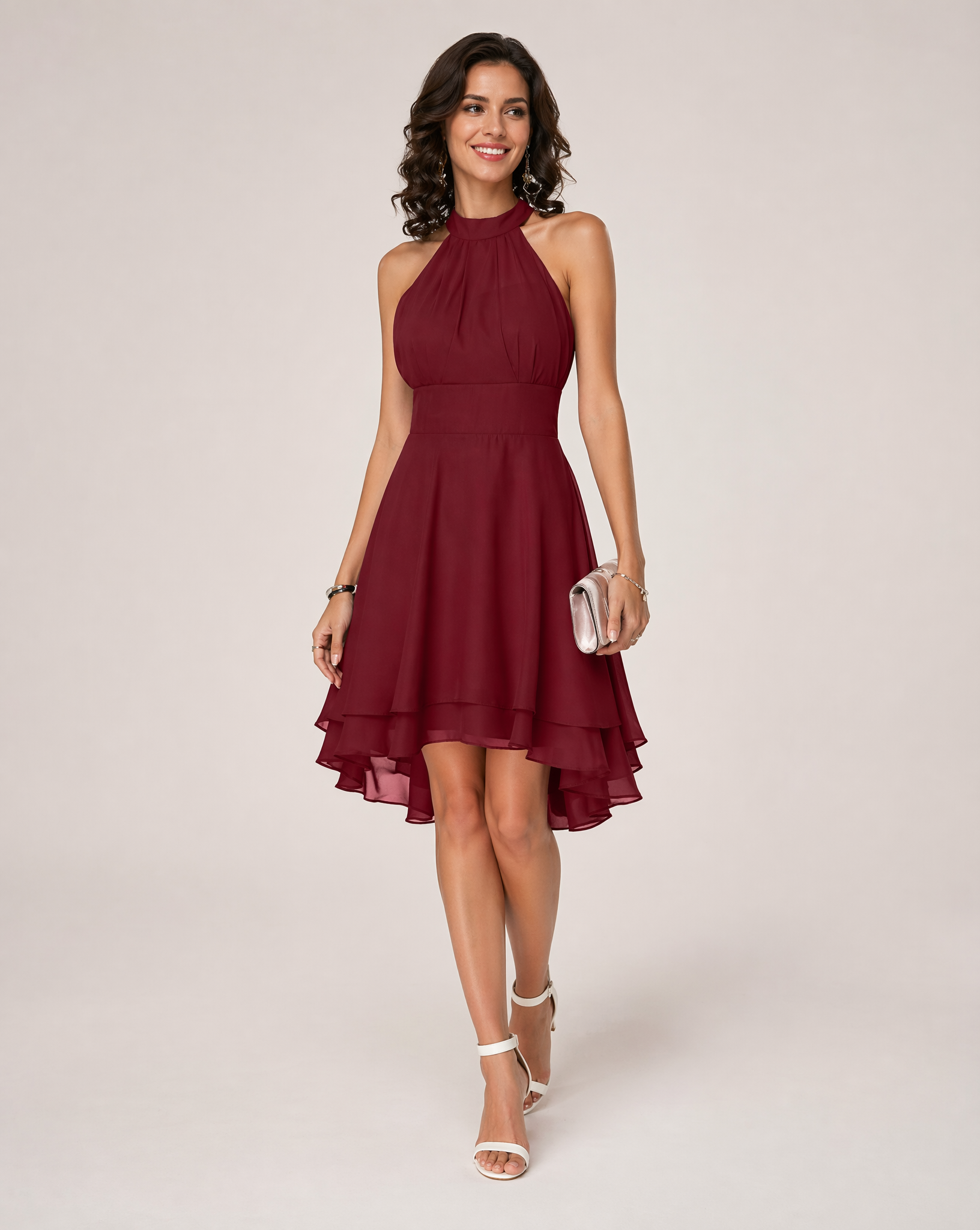 Halter neck cocktail midi dress in red, studio view