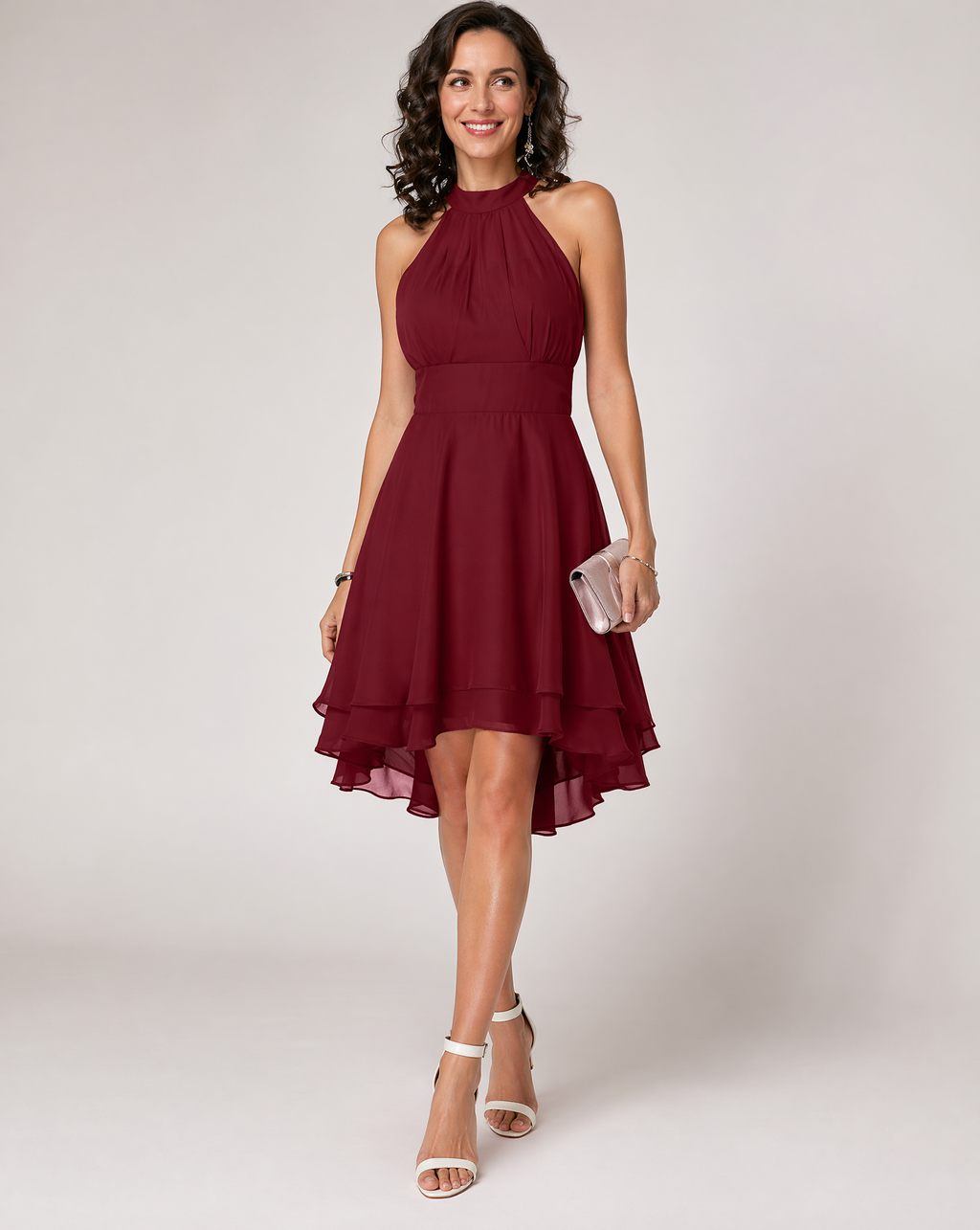 Halter neck cocktail party midi dress in red, front view