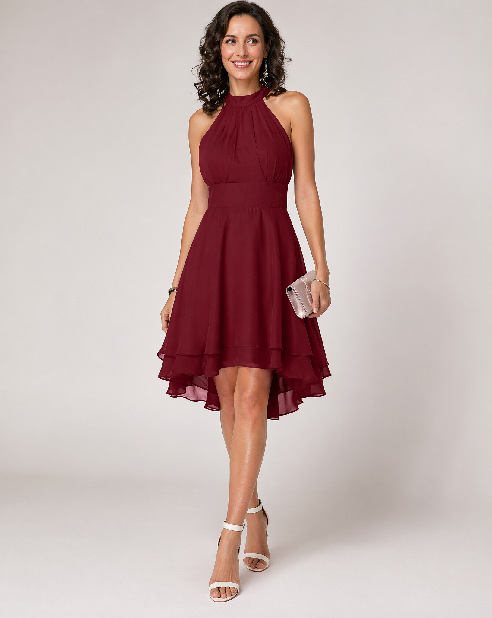 Halter neck cocktail party midi dress in red, front view