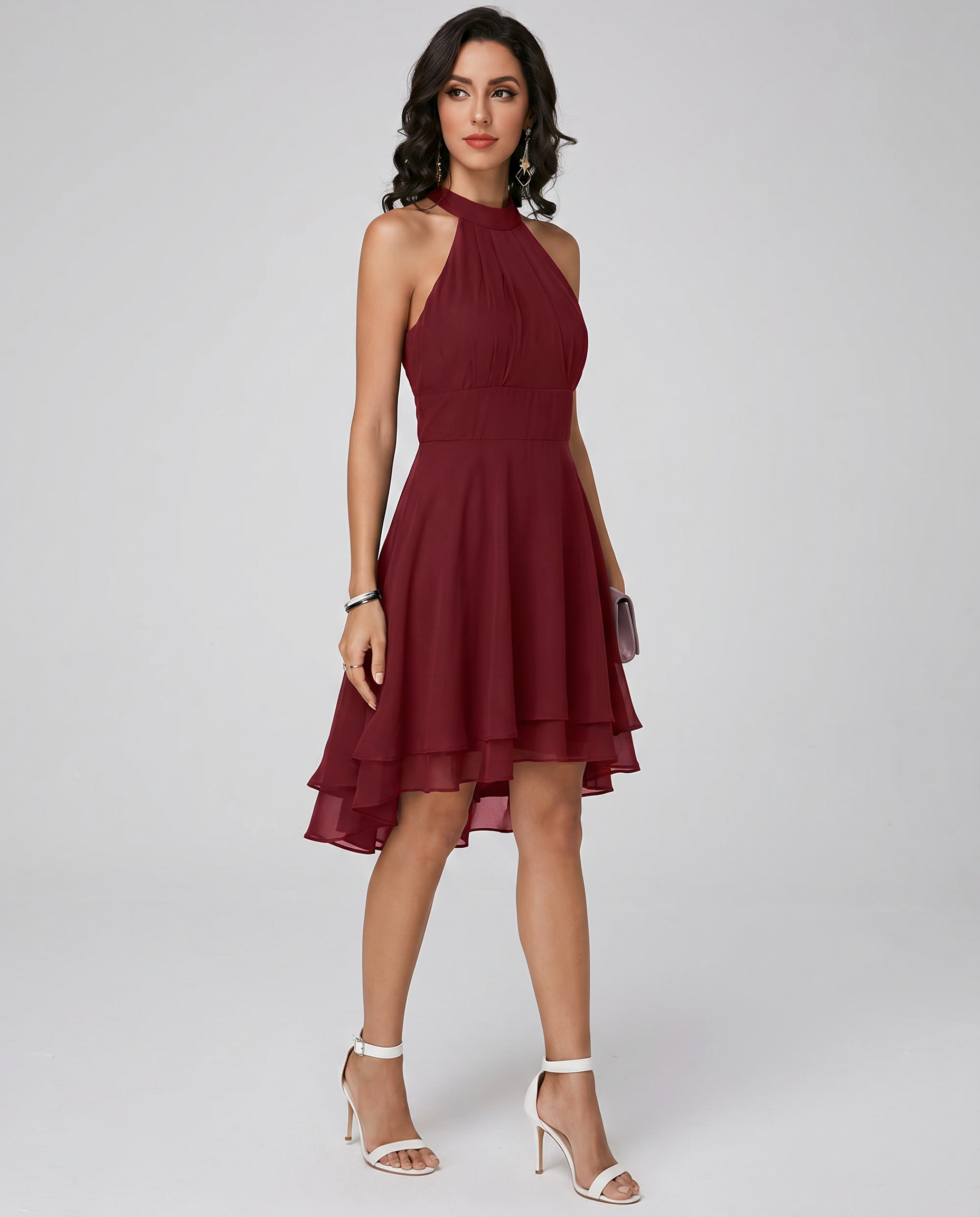 Party midi dress with halter neckline in black, front view