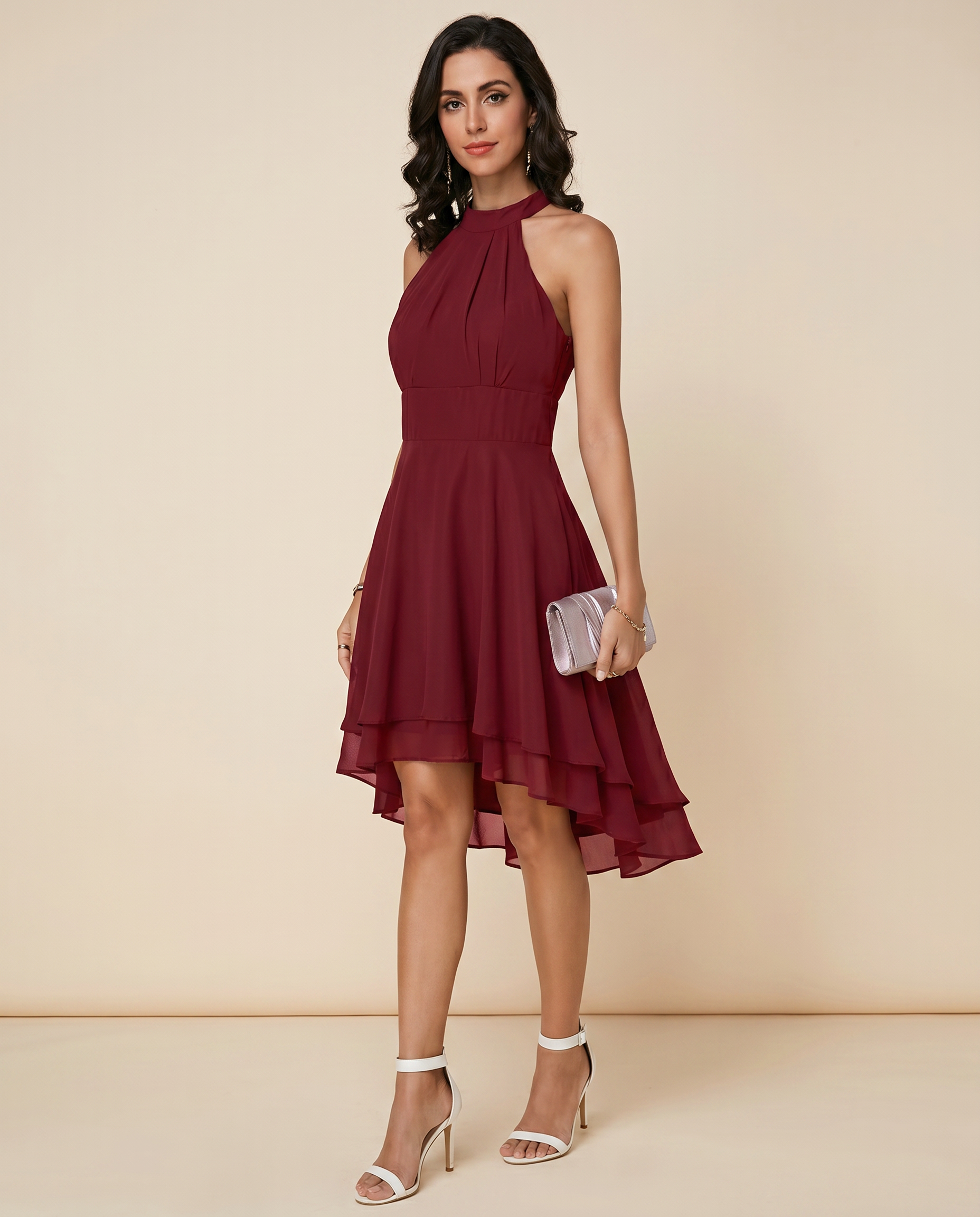 Halter neck party dress in red, side view