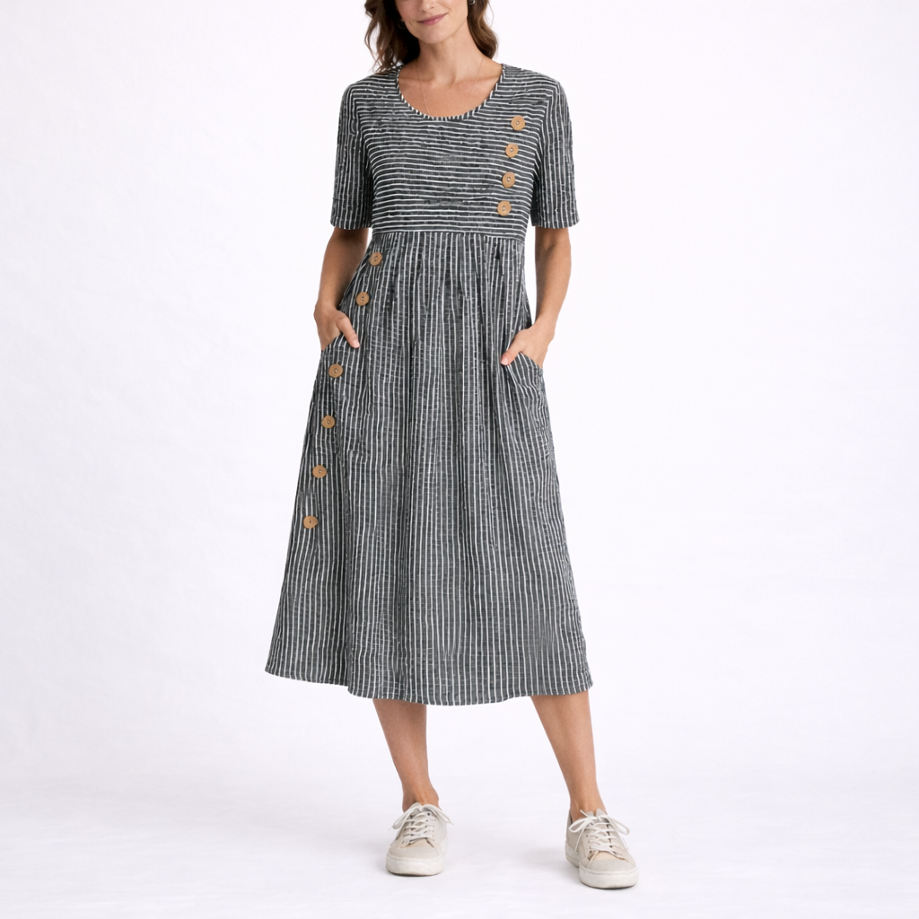 Women's striped midi dress garden party summer styling | Alba Muse