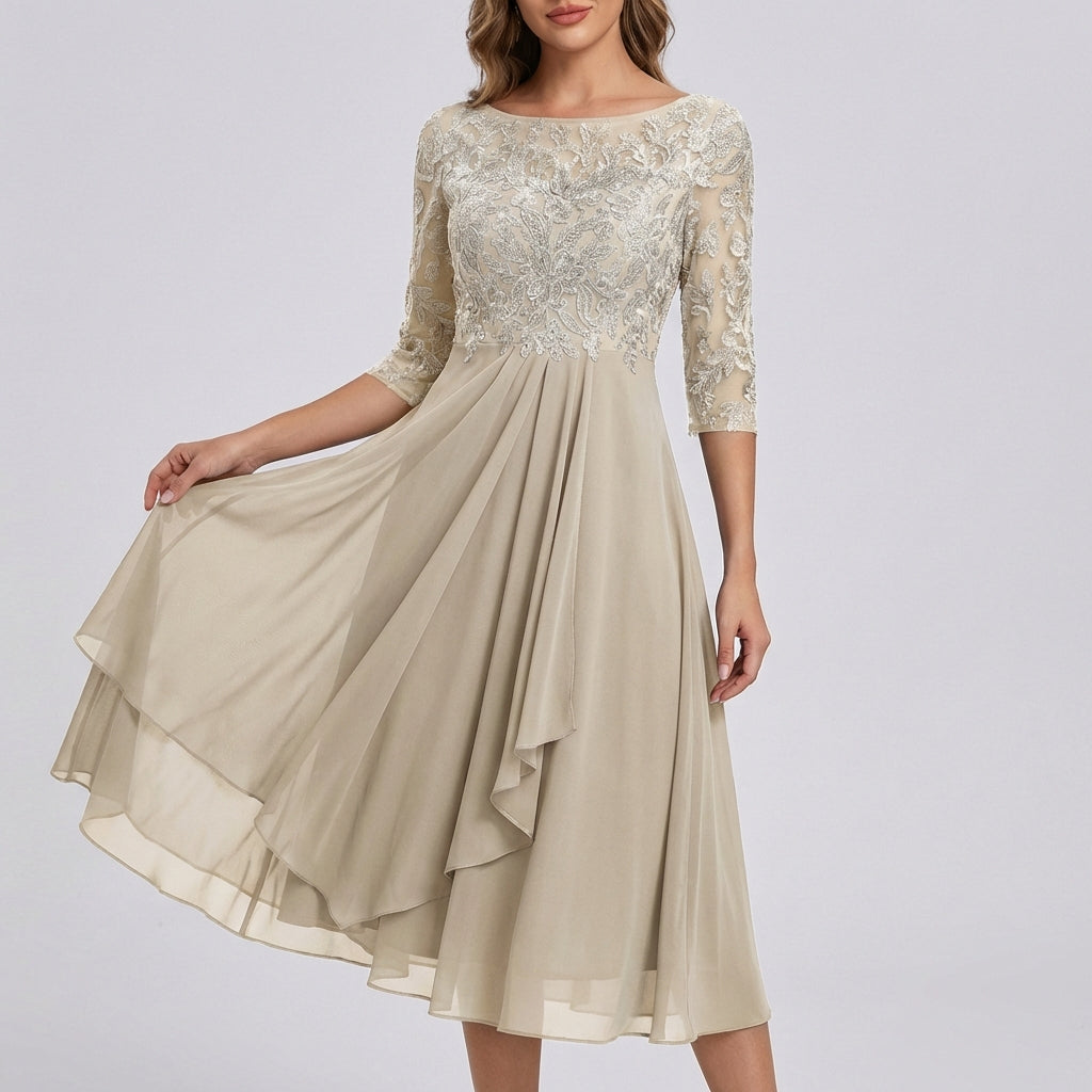 Elegant Lace Bodice High-Low Midi Dress – Sophisticated Summer Gala