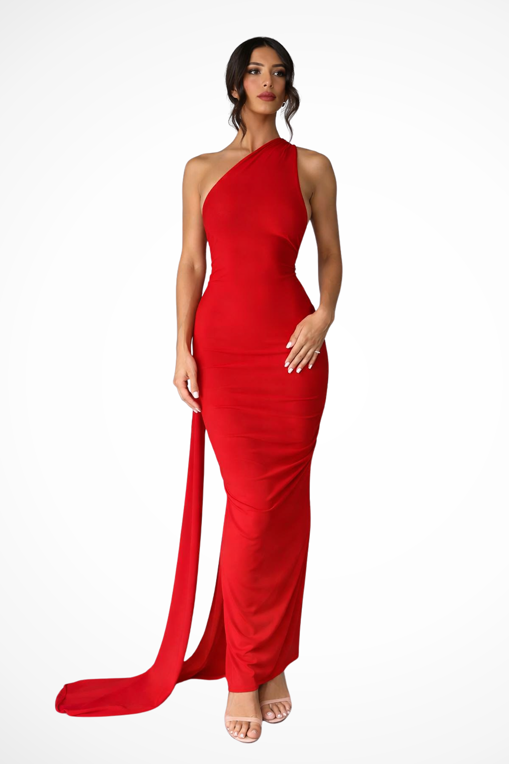 Side view of women's one shoulder backless floor-length dress
