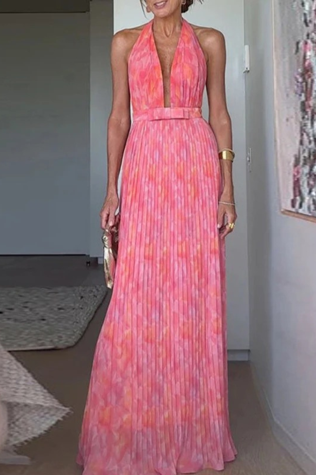 Belt detail close-up halter pleated maxi dress
