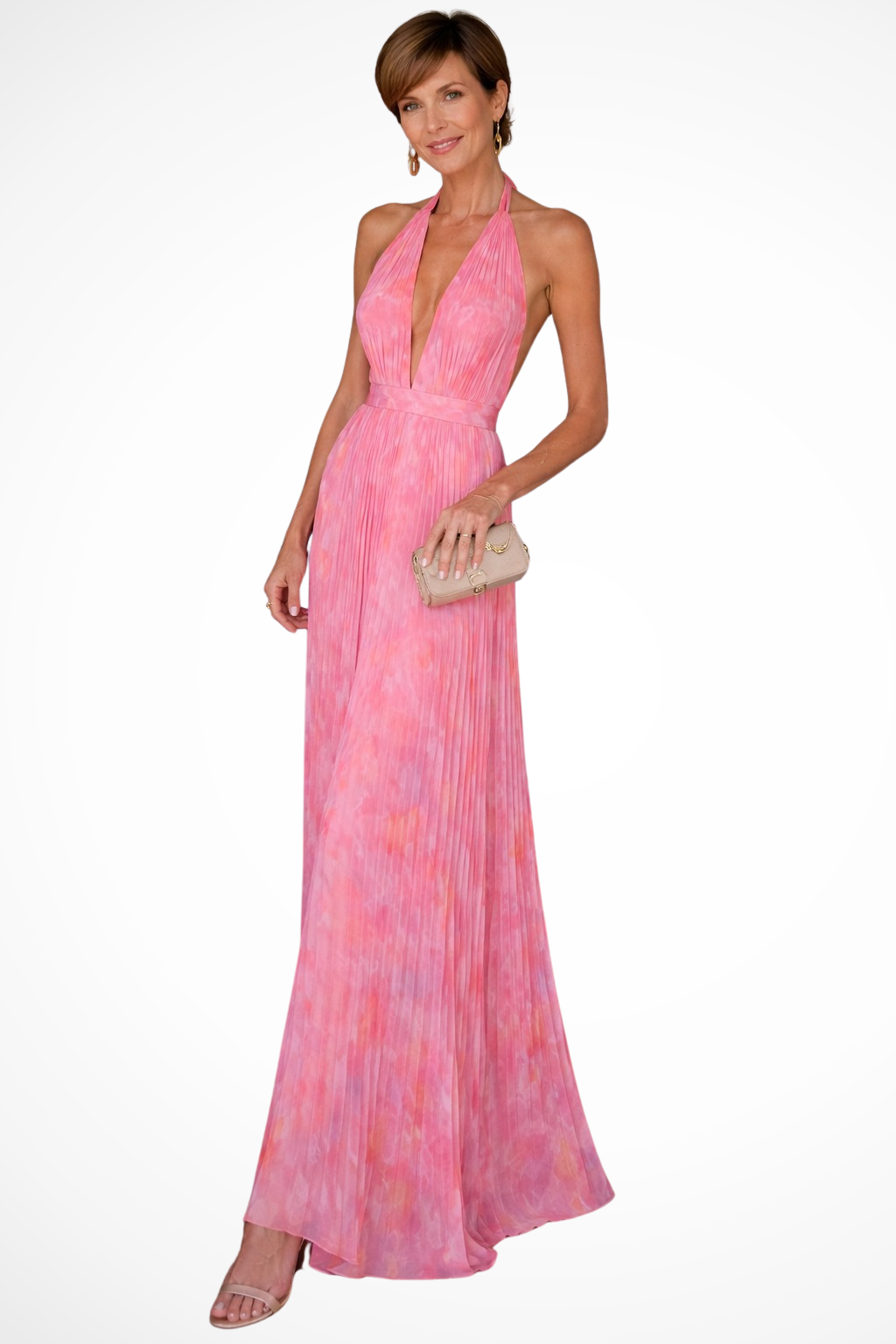 Halter neck maxi dress side profile flowing pleats