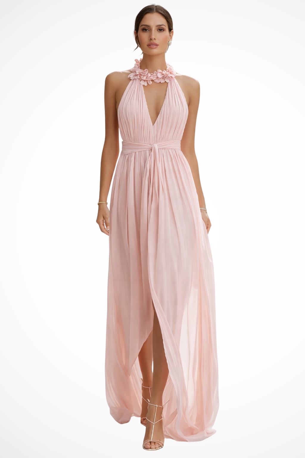 Women's halter neck pleated chiffon maxi dress, front view showing V neckline