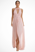 Women's halter neck pleated chiffon maxi dress, front view showing V neckline