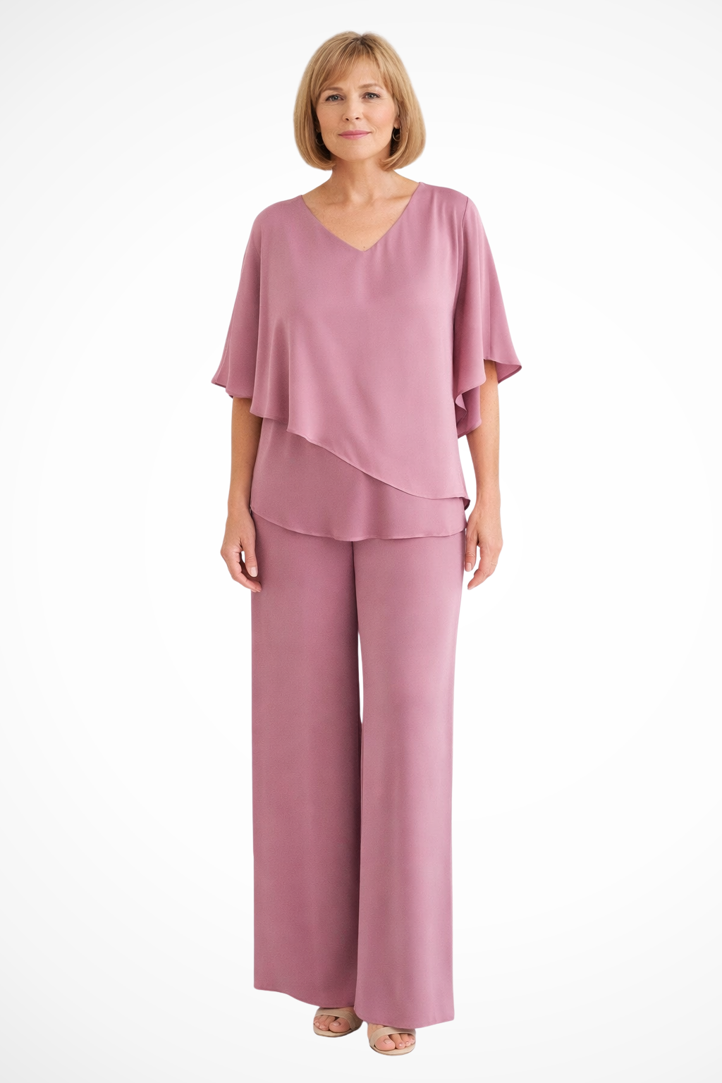 Women's batwing sleeve top and wide leg trousers two piece set, front view