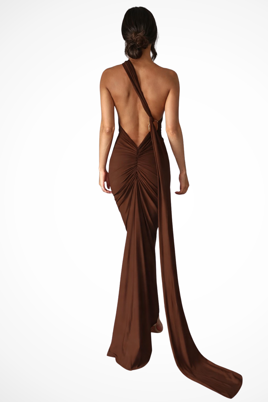 Women's one shoulder ruched dress back view open design