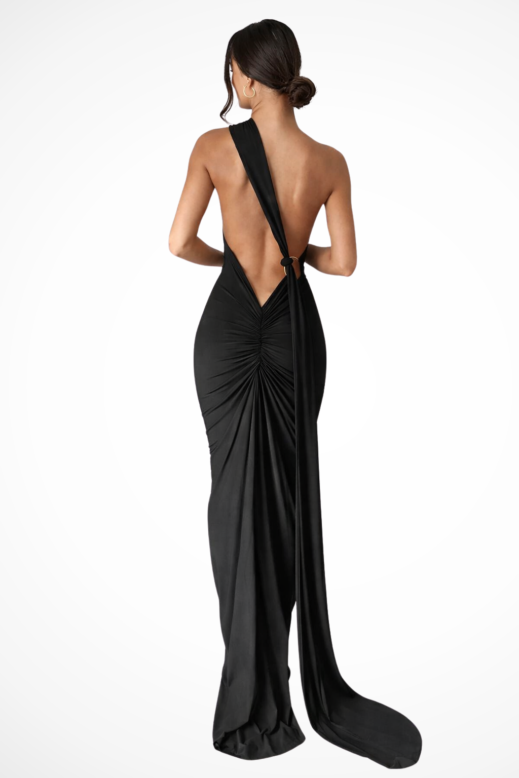 Front view of women's one shoulder ruched maxi dress