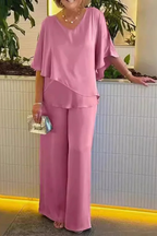 Women's batwing sleeve top and wide leg trousers two piece set, side view