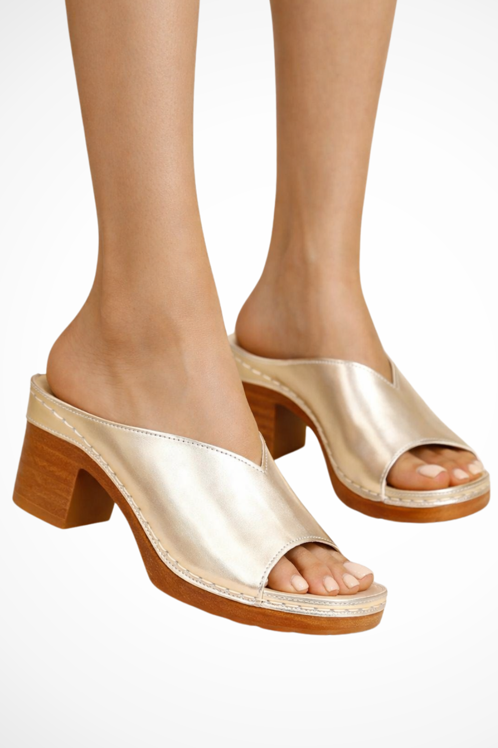 Women's block heel mules with open toe design, back view