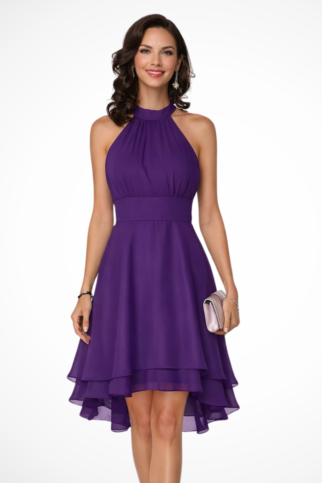 Women's tiered mini dress detail showing halter neckline and ruffle hem