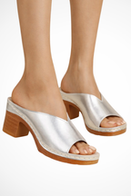 Women's backless open toe block heel mules, close-up of heel and sole